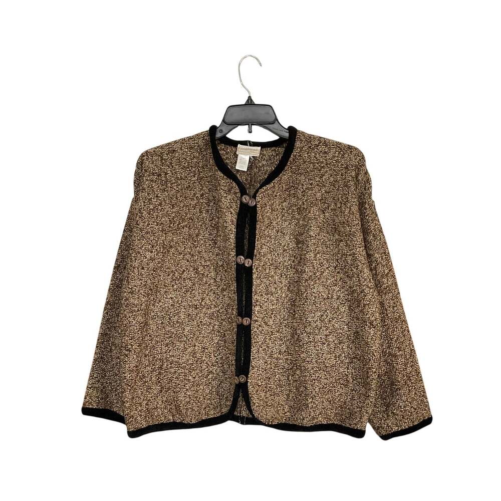 VTG Coldwater Creek Brown Tweed Cardigan Sweater Sz X-Large Velvet Trim